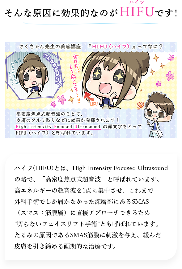 たるみの原因に効果的なのがHIFUです。